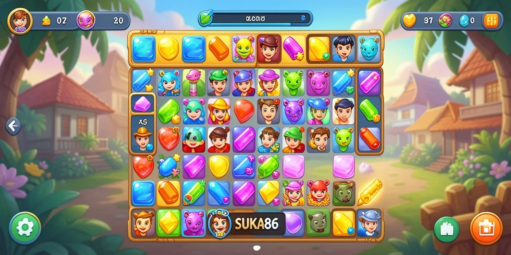 Screenshot utama SUKA86 menampilkan gameplay Match-3 yang seru dan penuh warna.
